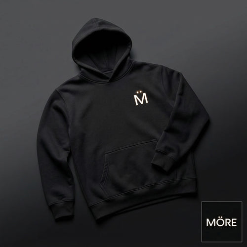 Black hoodie with a logo on a dark gray background