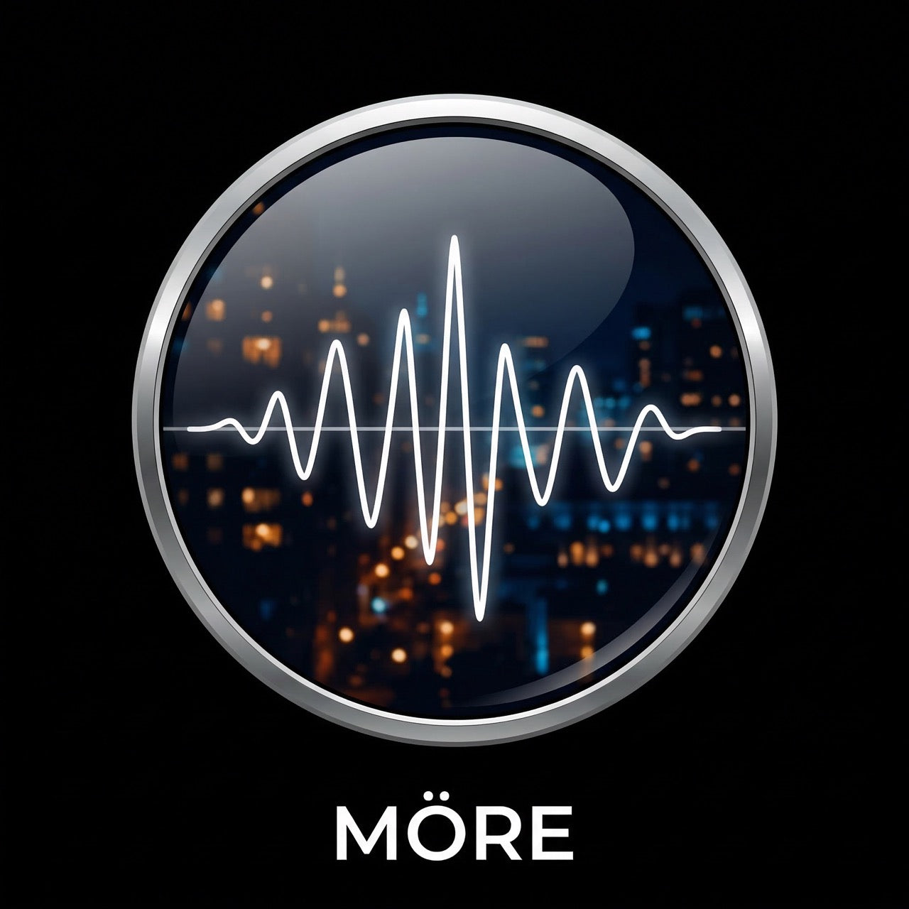 Circular logo with a cityscape background and wave pattern, featuring the brand 'Möre'.