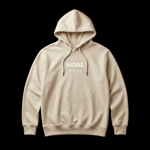 Beige hoodie with 'Möre Müze' text on a beige background