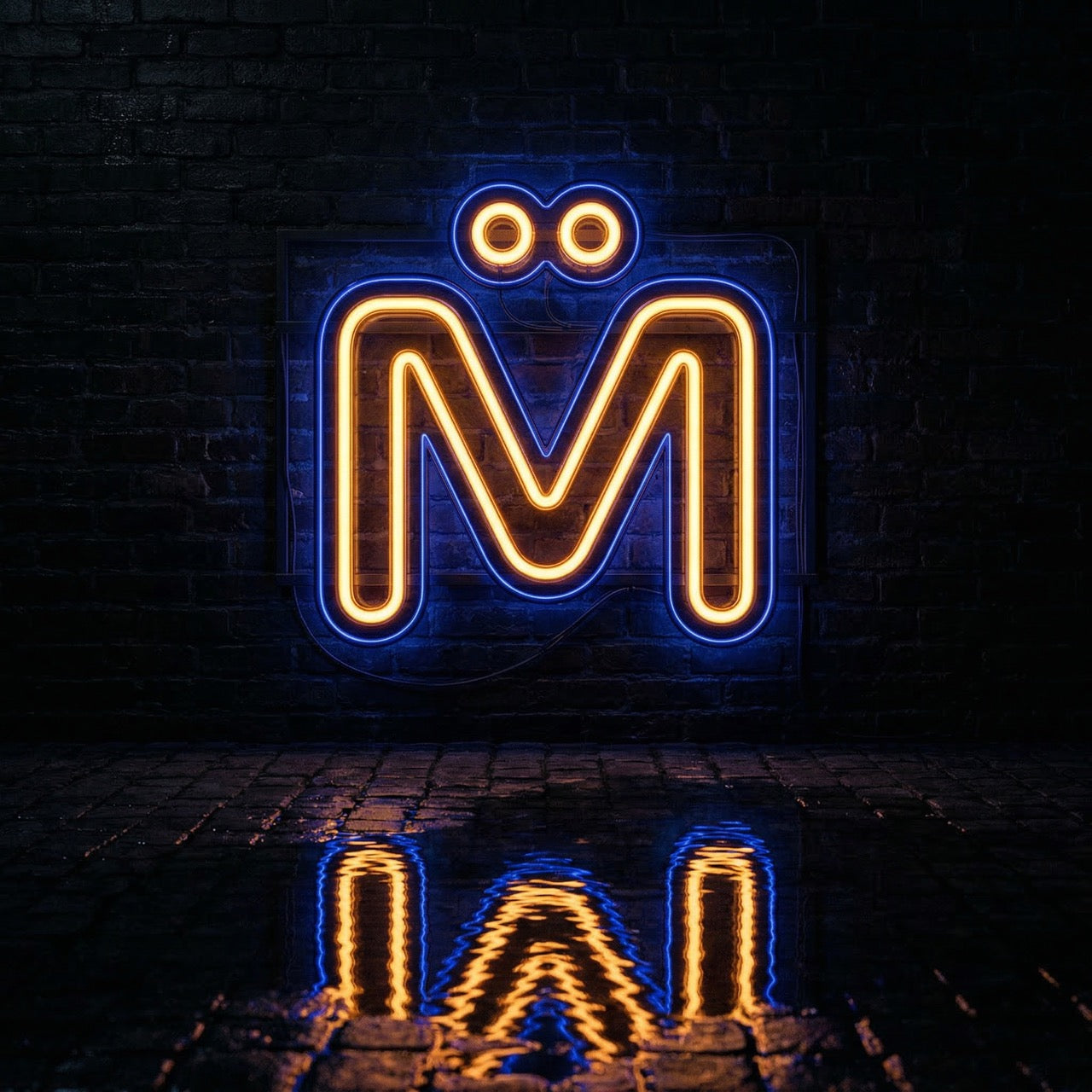 Neon sign with a stylized letter 'M' on a dark brick wall.